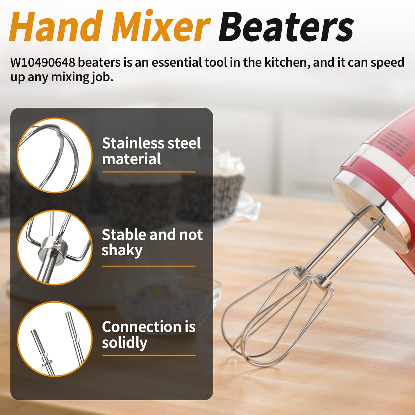 W10490648 Beaters Attachments for KitchenAid Hand Mixer, Stainless Steel Turbo Beaters Compatible with KitchenAid Mixer Replacement KHM2B AP5644233 PS4082859 Parts (2 Pack)