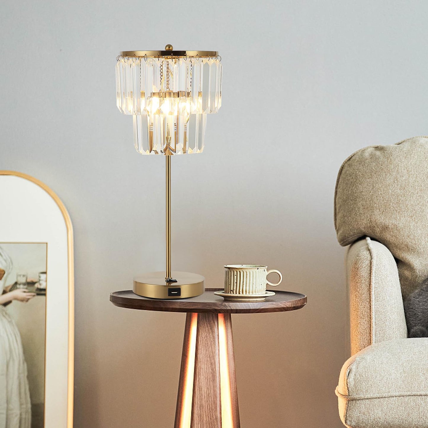 Bedside Lamp for Bedroom, Gold Crystal Table Lamp 18 Inches, Tiffany Clear Crystal Drops, USB Charging Port, E12 Socket, 6W LED Bulb Included, Golden Decorative Desk Light(1 Pack, Brass Finish)