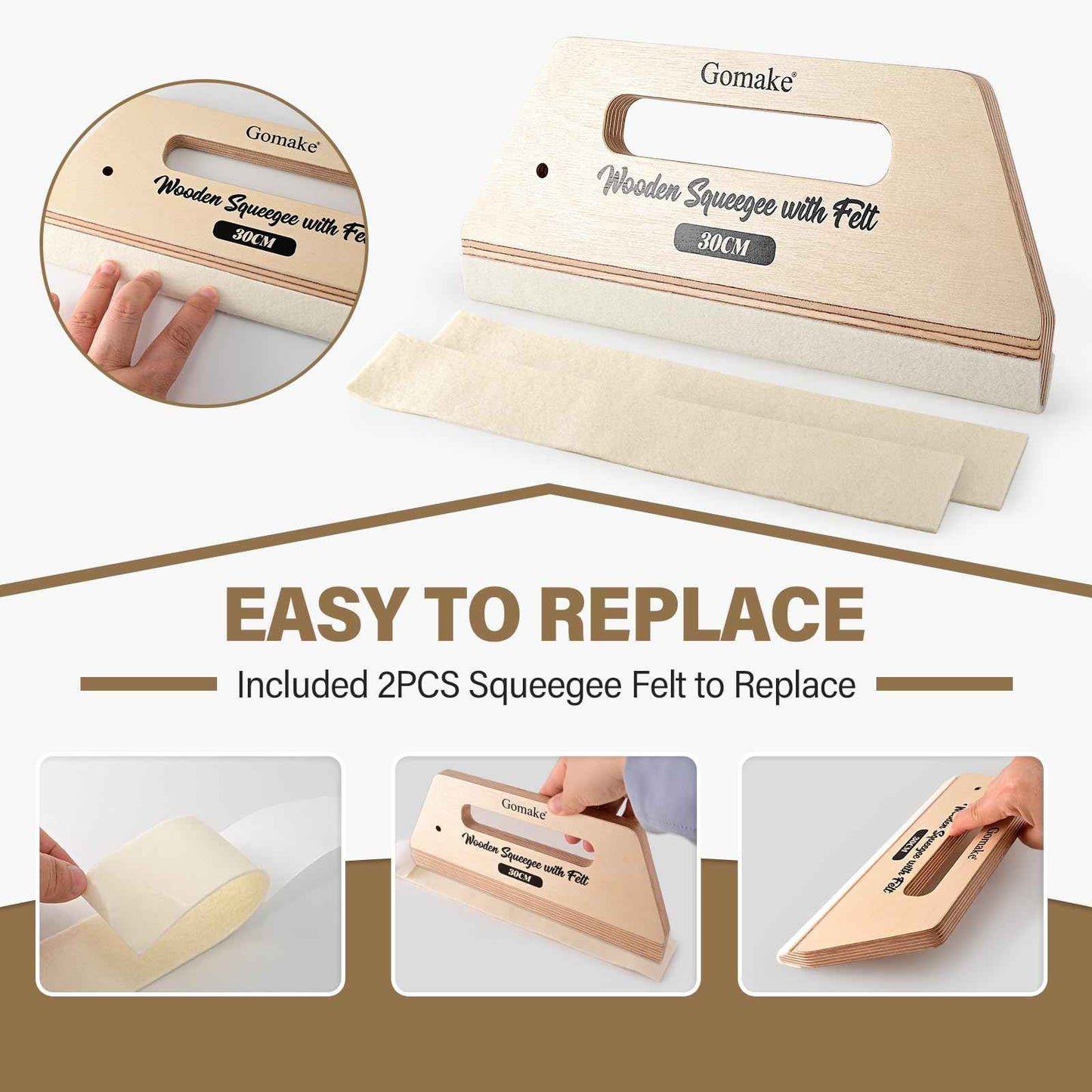 Gomake Wallpaper Smoothing Tool Large Wooden Squeegee with Felt for Large Film Application,Floor Graphics Installing,Doors and Windows Decal Applications