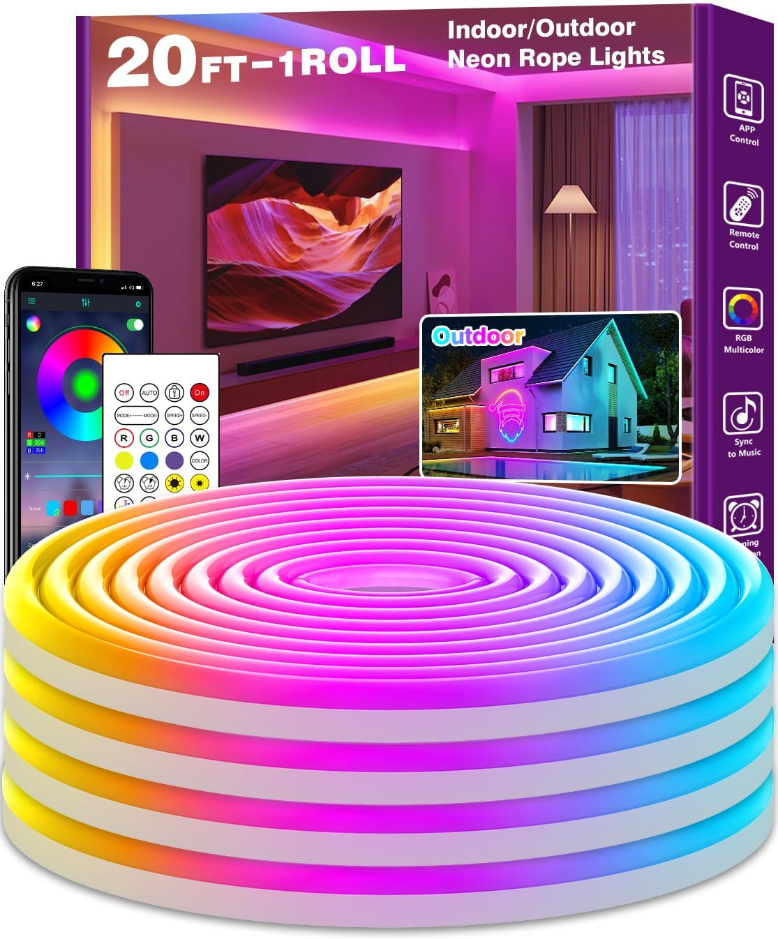 60FT SINLEY LED Neon Rope Lights - App/Remote Control, Waterproof RGB for Indoor/Outdoor Use