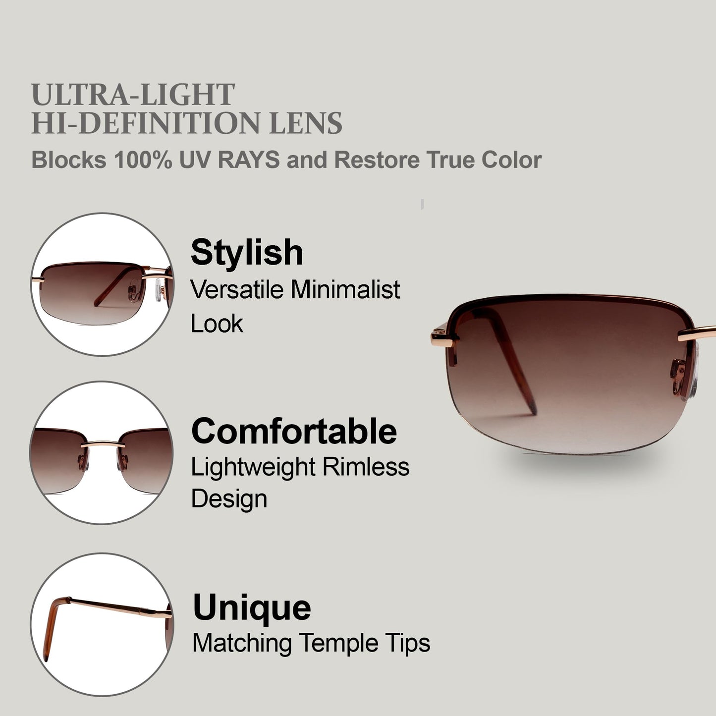 NYS Collection Rimless Gradient Sunglasses for Women & Men, Lightweight, Comfortable, UV400 (Gold Metal Frame/Brown Gradient Lens)