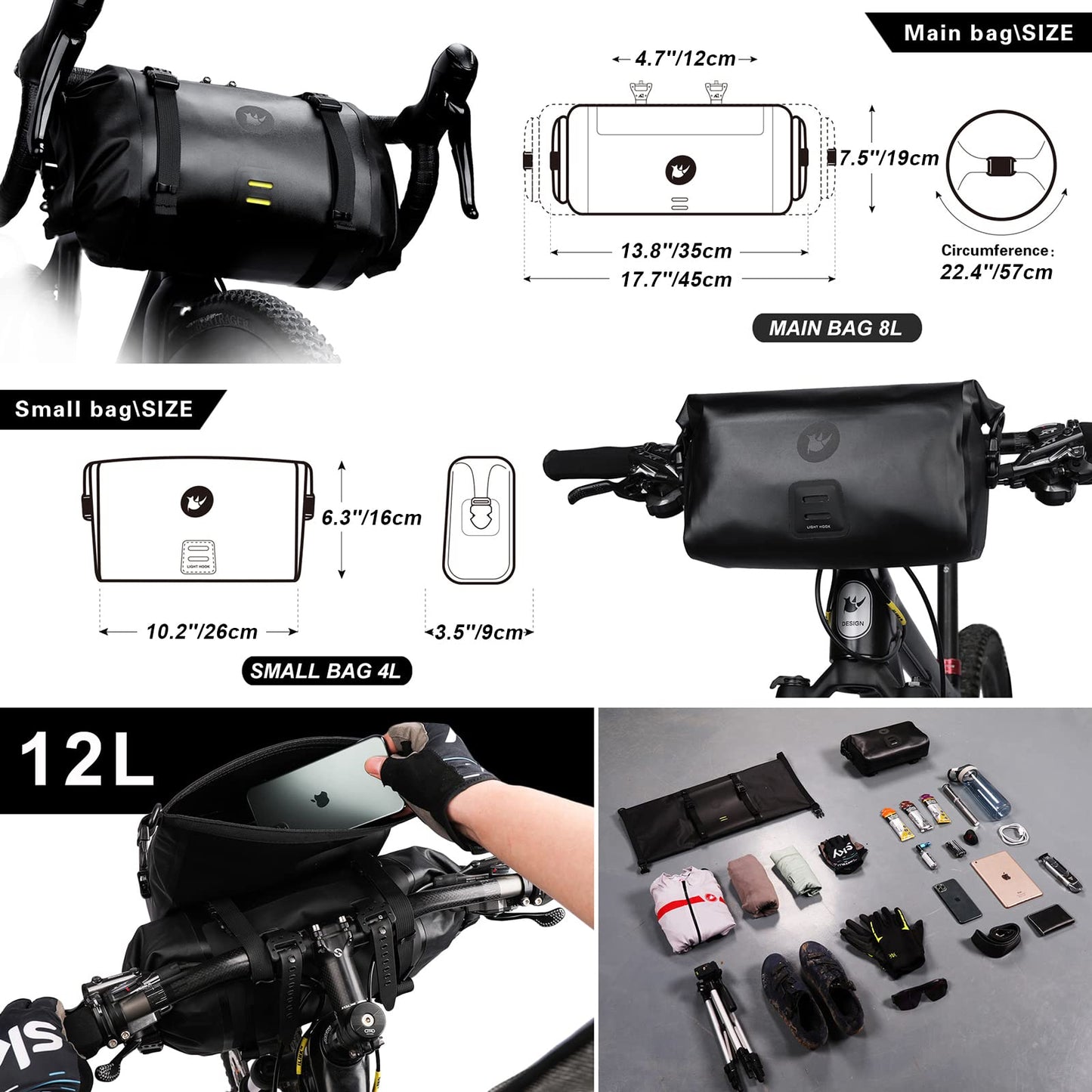 Rhinowalk 2PC Bike Handlebar Bag Set Waterproof Bicycle Front Tube Bag Large Capacity Storage Bag Shoulder Bag