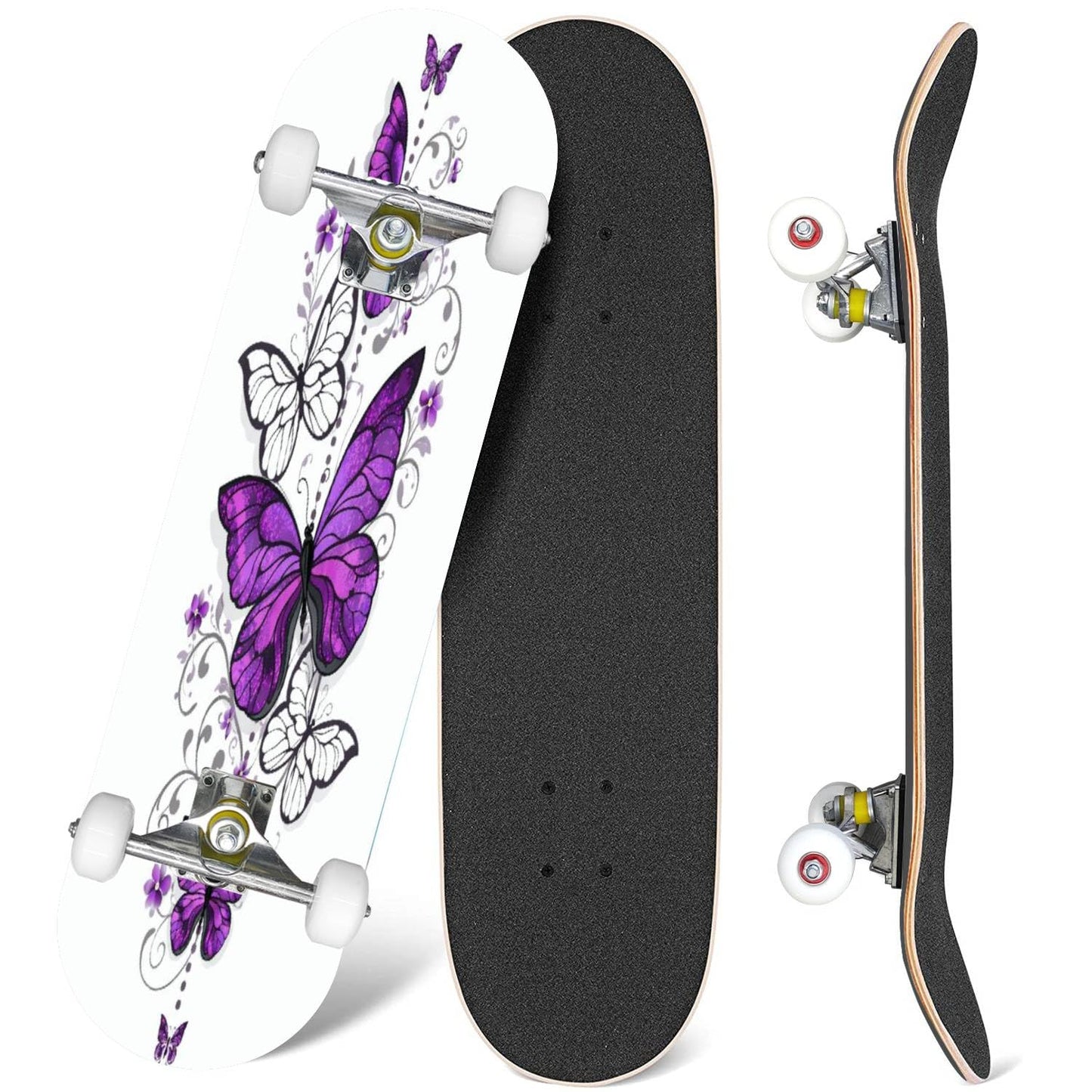 Skateboards Composition of Purple Pink Butterflies Morpho and White Butterflies Classic Concave Skateboard Cool Stuff Teen Gifts Longboard Extreme Sports for Beginners and Professionals