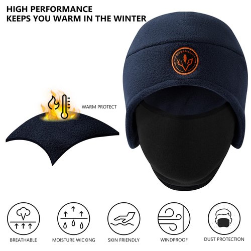 BASSDASH Soft Fleece 2-in-1 Hat with Ski Mask Ear Flap Ice Fishing Hunting Beanie for Men Women Cold Weather Winter Navy Blue