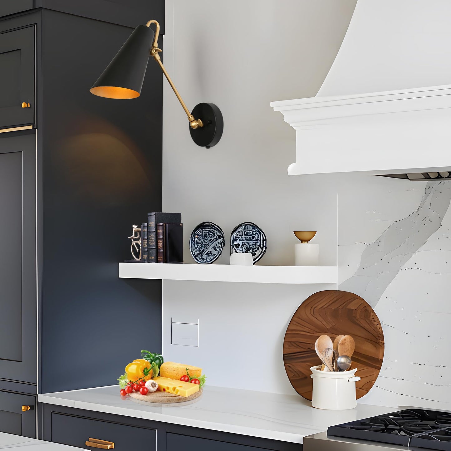 KSANA Swing Arm Wall Lamp, Black and Gold Plug in or Hardwired Wall Sconces, Modern Adjustable Arm Light Fixture with On/Off Switch for Bedroom, Kitchen, Hallway and Living Room