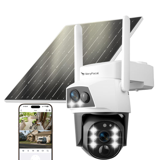 VeryFocal Dual Lens Solar Camera Wireless Outdoor, 2.4GHz/5GHz WiFi Connectivity for Home Security, 4MP QHD 360° PTZ Cameras, PIR Motion Detection, Color Night Vision, IP66
