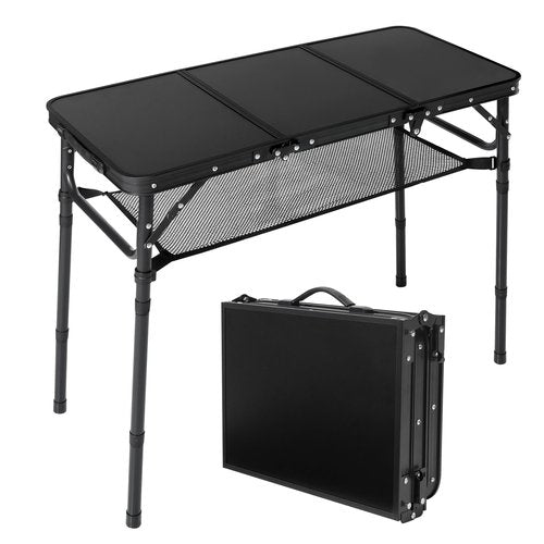 CJPWMT Folding Camping Table with Storage Net,3ft Portable Aluminum Folding Table with 3 Adjustable Height Max 27.3 Inch for Outdoor Backyard BBQ Picnic Cooking Tents Beach Indoor Bedroom（Black）