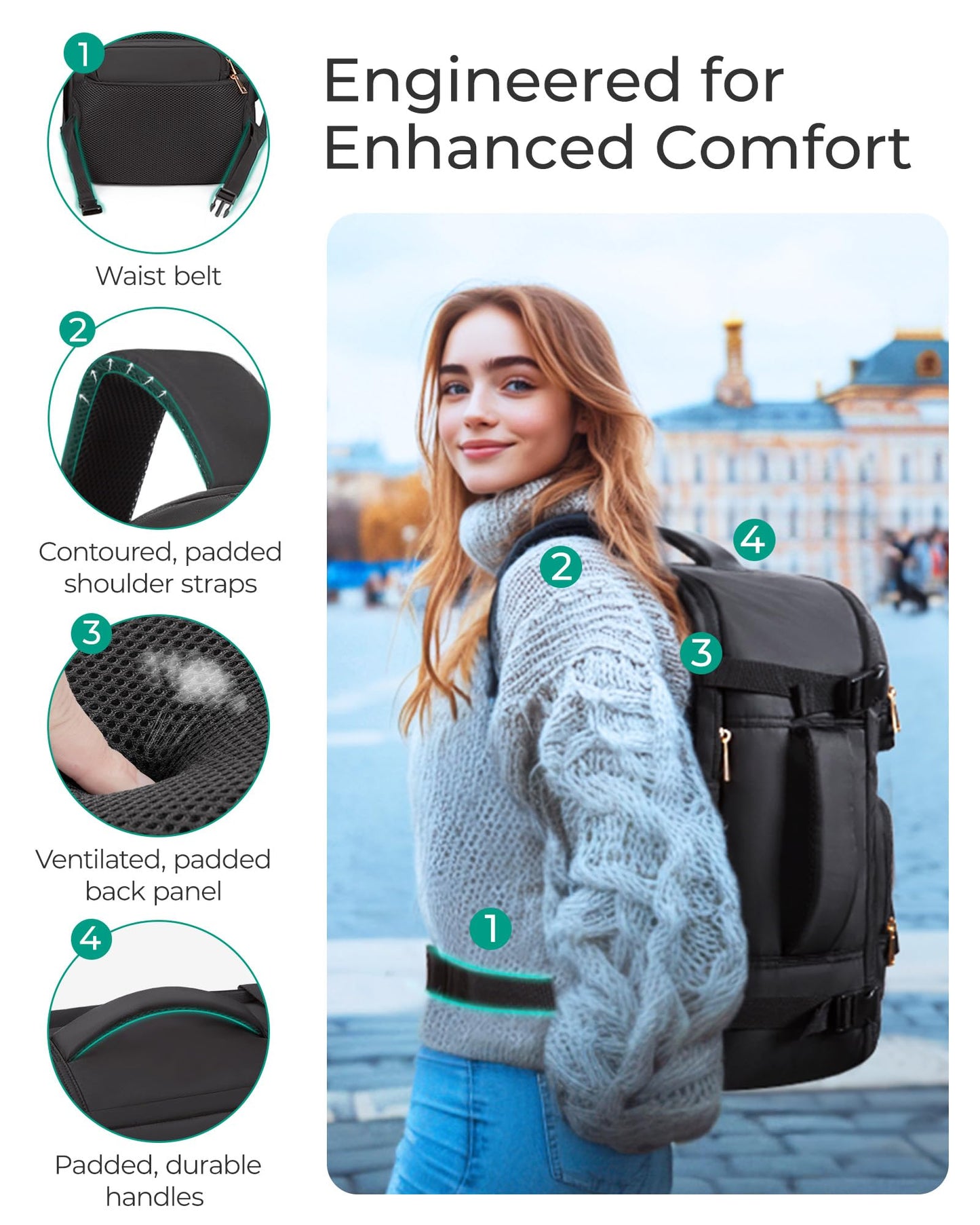 BAGSMART Womens Backpack Carry On Flight Approved, Travel Backpack for Women with Waist Bag, Traveling Lightweight Weekender Casual Daypack 17.3" Laptop Work Back pack Personal Item Travel Bag, Black