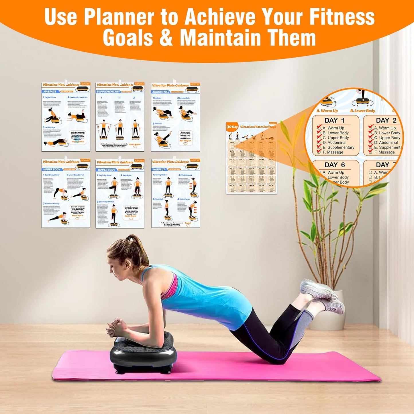 Skiennix Vibration Plate Exercise Machine Poster - 6 Workout Guides & 2 Planner Sheets for Total Body Fitness