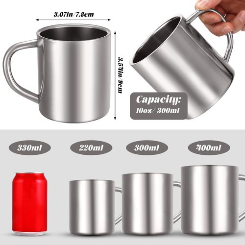 Cunhill 4 Set Small Stainless Steel Coffee Mug 10oz/300ml Metal Double Walled Cups Camping Mug with Handle Dishwasher Safe Tea Cups for Camping Travel Outdoors Rv Keep Drinks Hot