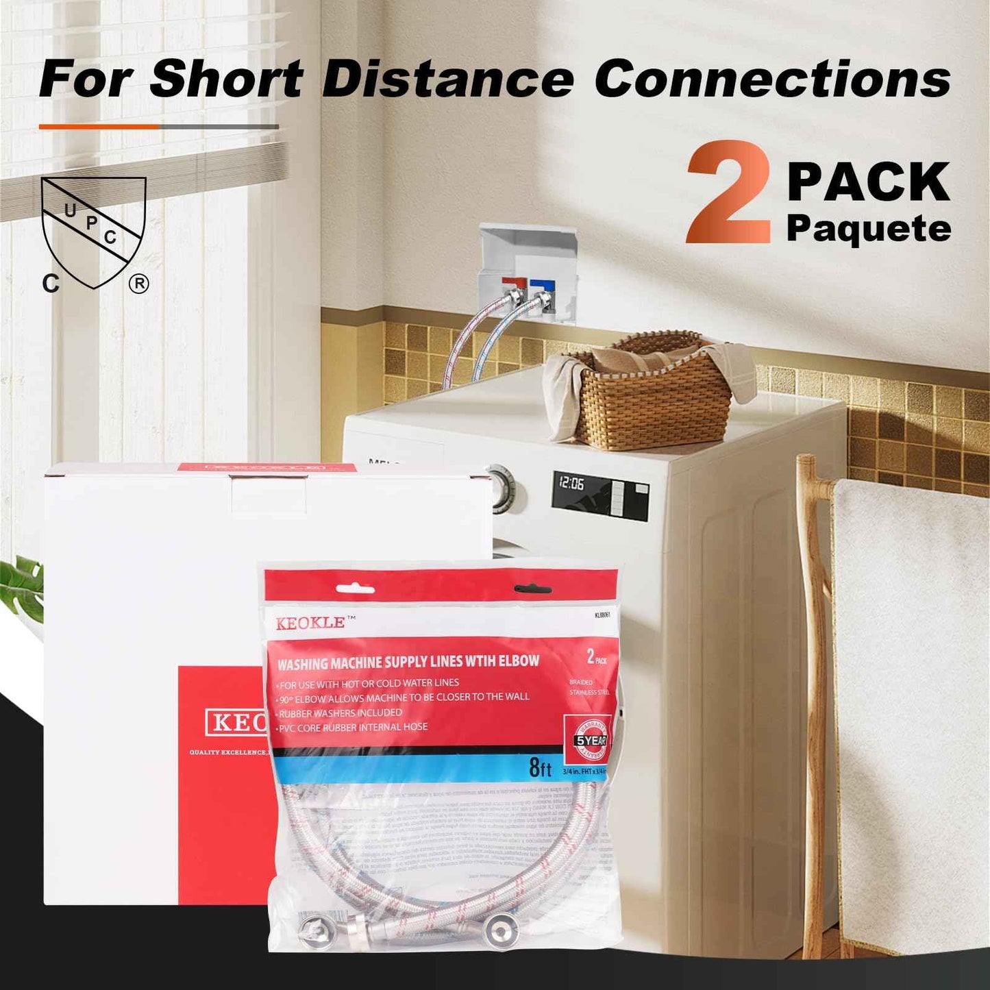 KEOKLE Washing Machine Hoses,6ft 90 Degree Elbow Washer Hoses,2pack 3/4" Stainless Steel Braided Burst Proof Water Supply Lines Universal Fit to Hot and Cold Connector