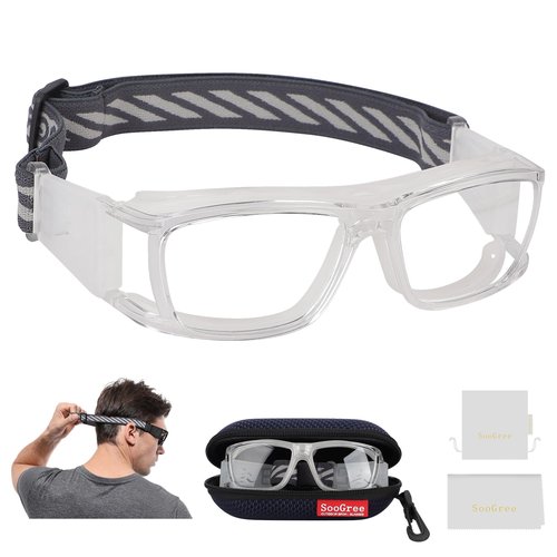 SooGree Men Women Basketball Football Goggles Racquetball Safety Training Goggles Anti Shock Collision Glasses Lens Replaceable (Transparent Frame White Nose Pads)