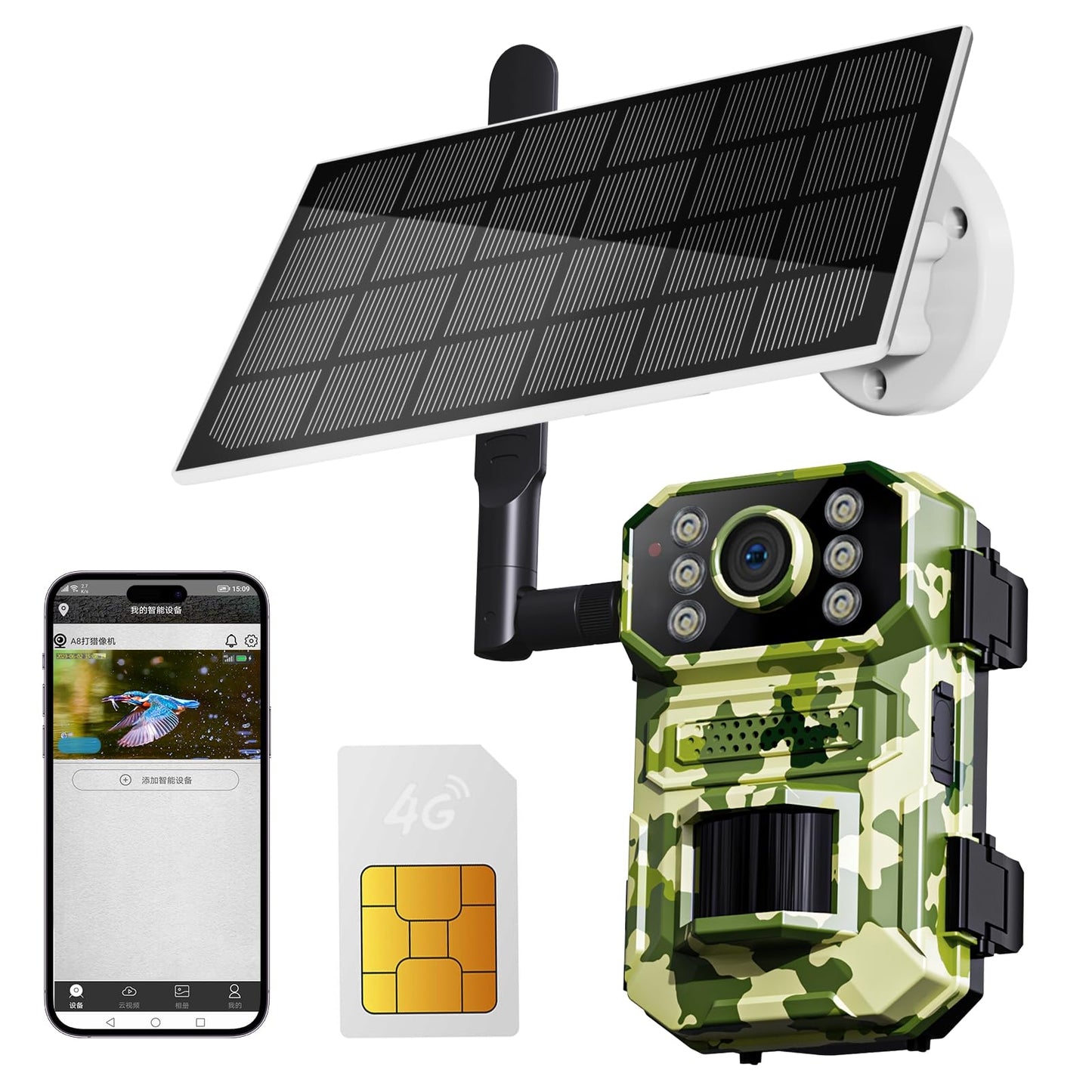 4G LTE Smart Trail Camera,HD Night Vision, IP65 Waterproof, 0.3s Trigger Speed, 2K Live Video & Photo, Motion Capture,Hunting Cam with SIM Card,Solar Power Charging,APP Control.