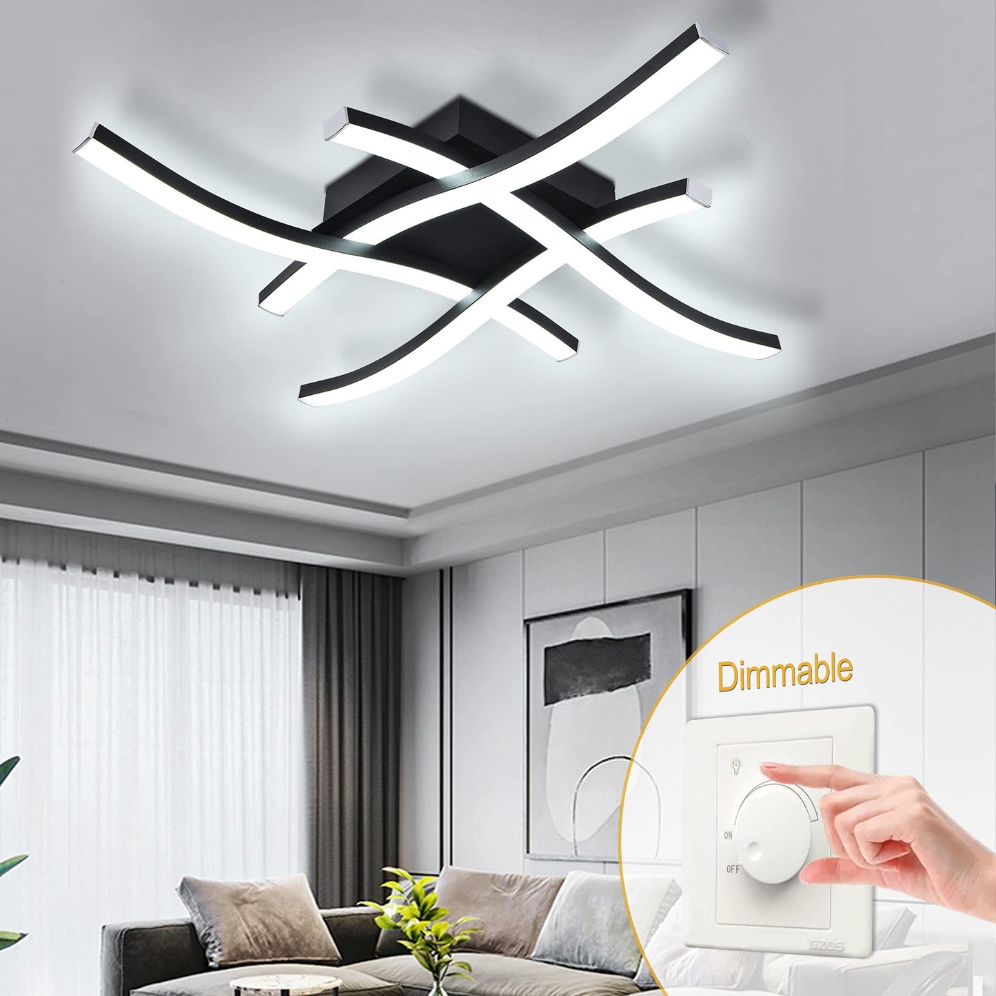 EDISLIVE Modern Dimmable LED Ceiling Light Curved 4-Light 18 in Minimalist Flush Mount Ceiling Light Fixture Lamp for Bedroom Foyer Kitchen 6000K 24W Black