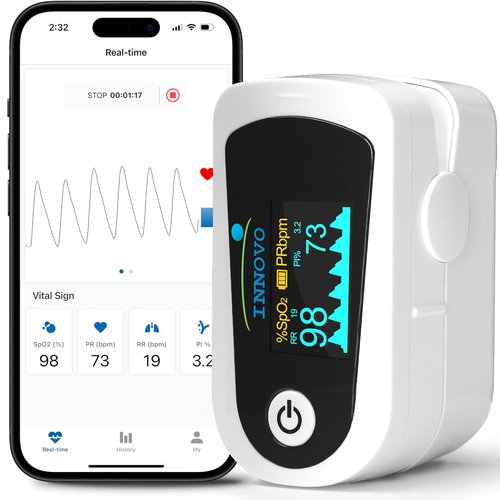 Innovo iP900BP-B Fingertip Pulse Oximeter - Bluetooth Blood Oxygen Monitor with App & Plethysmograph
