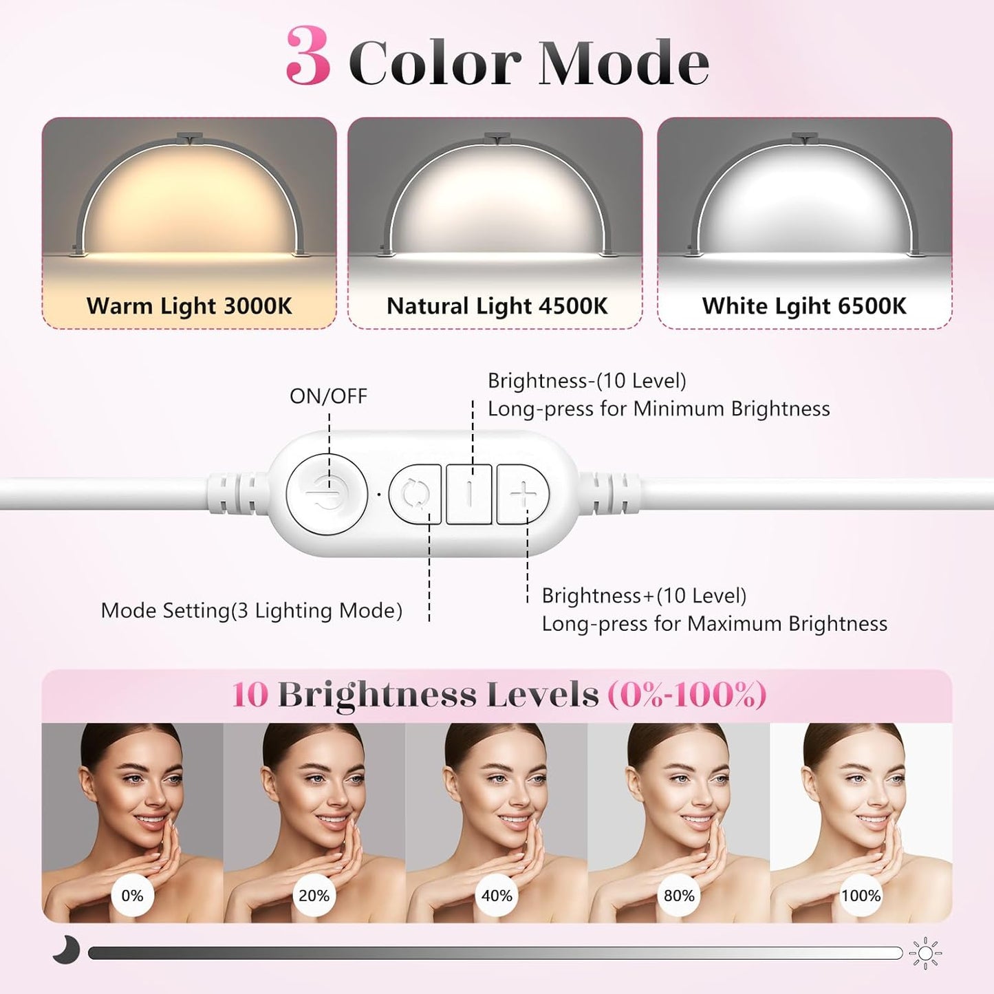 Yokilly Foldable Half Moon Nail Desk Lamp with Phone Holder - 3 Color Modes & 10 Brightness Levels for Manicure Salon