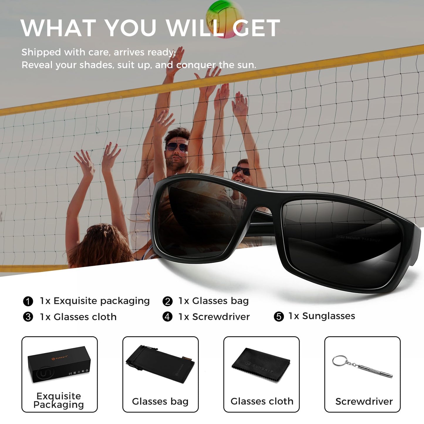 SUNGAIT Wrap Around Polarized Sport Sunglasses for Men Womens Lightweight Rectangle Cycling Running (Bright Black Frame/Grey Lens)