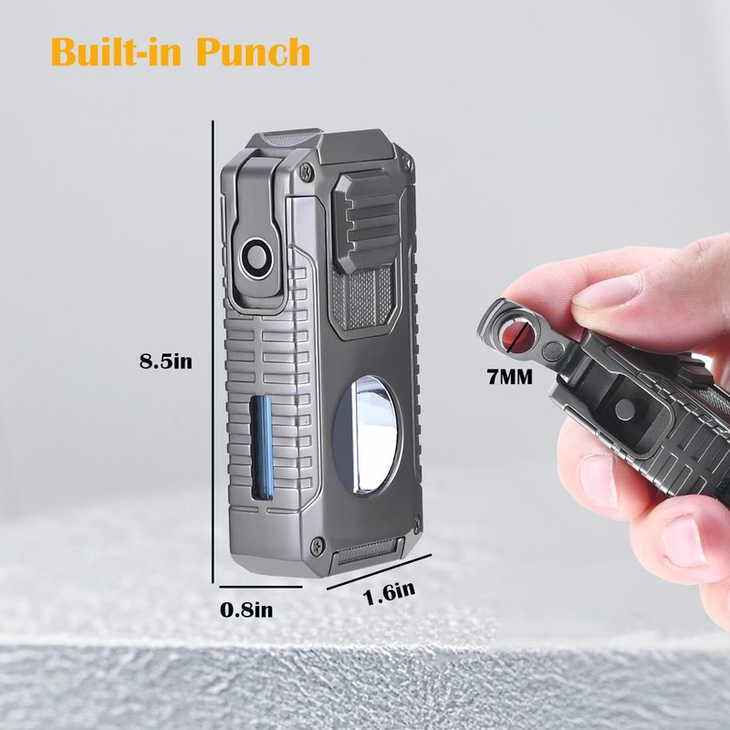 Vrufamt Refillable Butane Torch Lighter with Built-in Holder and 3 Jet Flame - All-in-1 Tool for Men (Butane not Included)