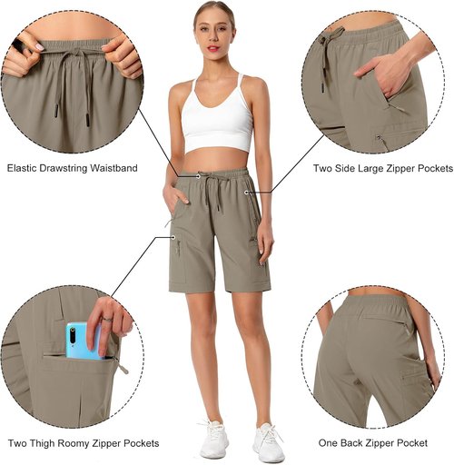 Hugut Women's Quick-Dry Hiking Cargo Shorts - Lightweight, Water-Resistant with Zipper Pockets | Perfect for Travel & Golf