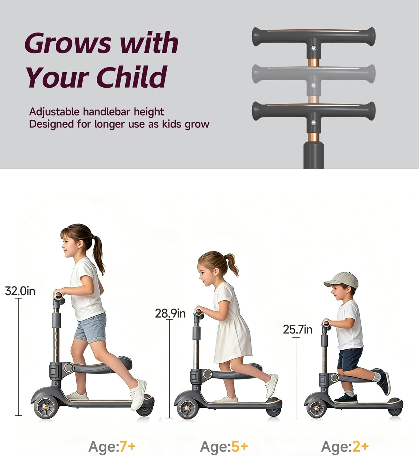 Skiennix 2-in-1 Toddler Scooter - Sit-to-Stand Design for Kids Ages 2–5 | Adjustable Handlebars & Light-Up Wheels