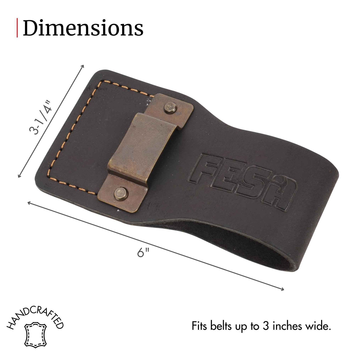 FESA Leather Tape Measure Holder - Top Grain Leather Measuring Tape Holder or Drill Holder for Tool Belt with Steel Clip & Reinforced Heavy Duty Rivets - Fits Belts up to 3" - Handcrafted (Brown)