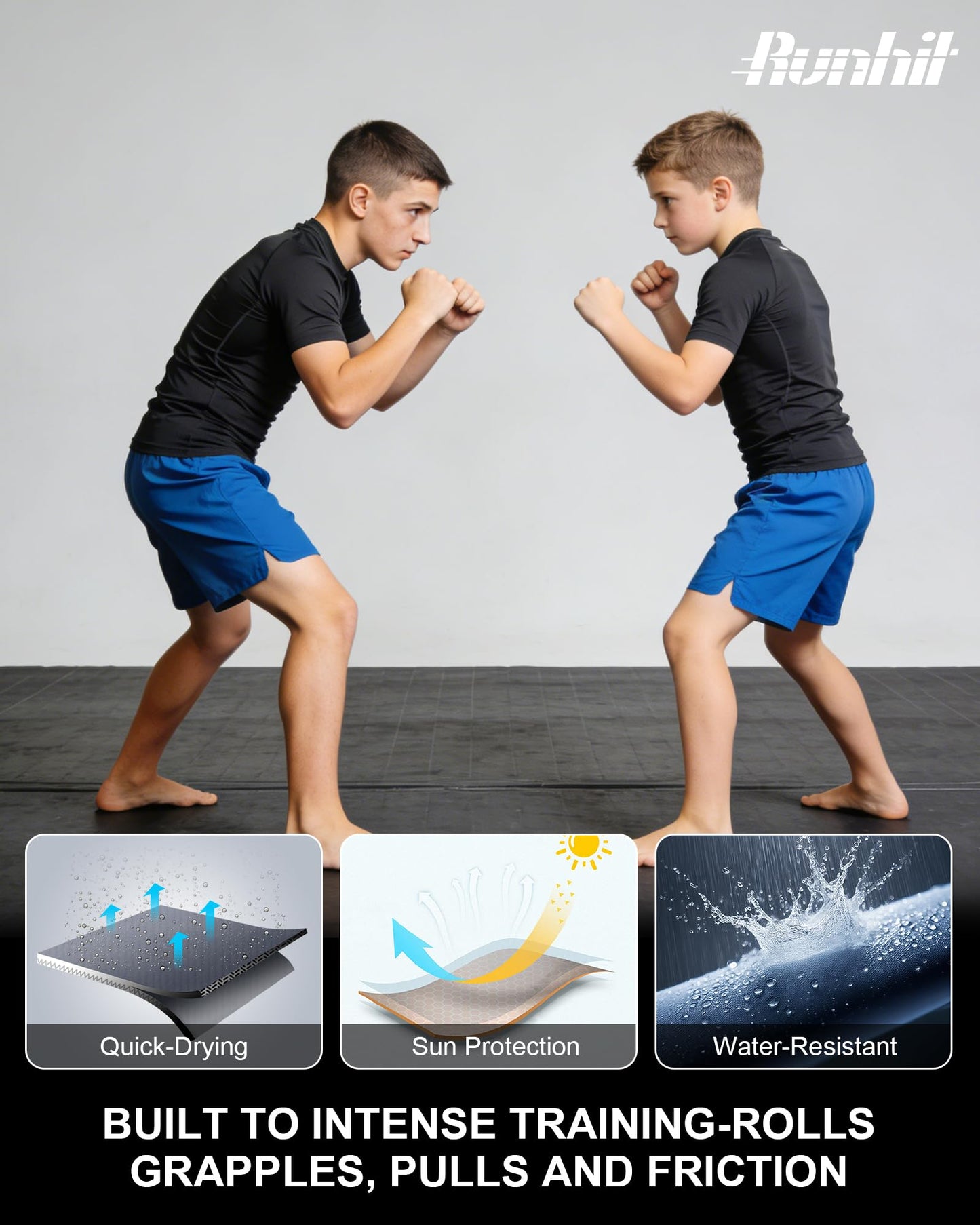 Runhit Kids Muay Thai MMA BJJ Shorts, Youth Boys Breathable No Gi Grappling Shorts for Wrestling Boxing, Jiu Jitsu, Training, Fight, Kickboxing Black M