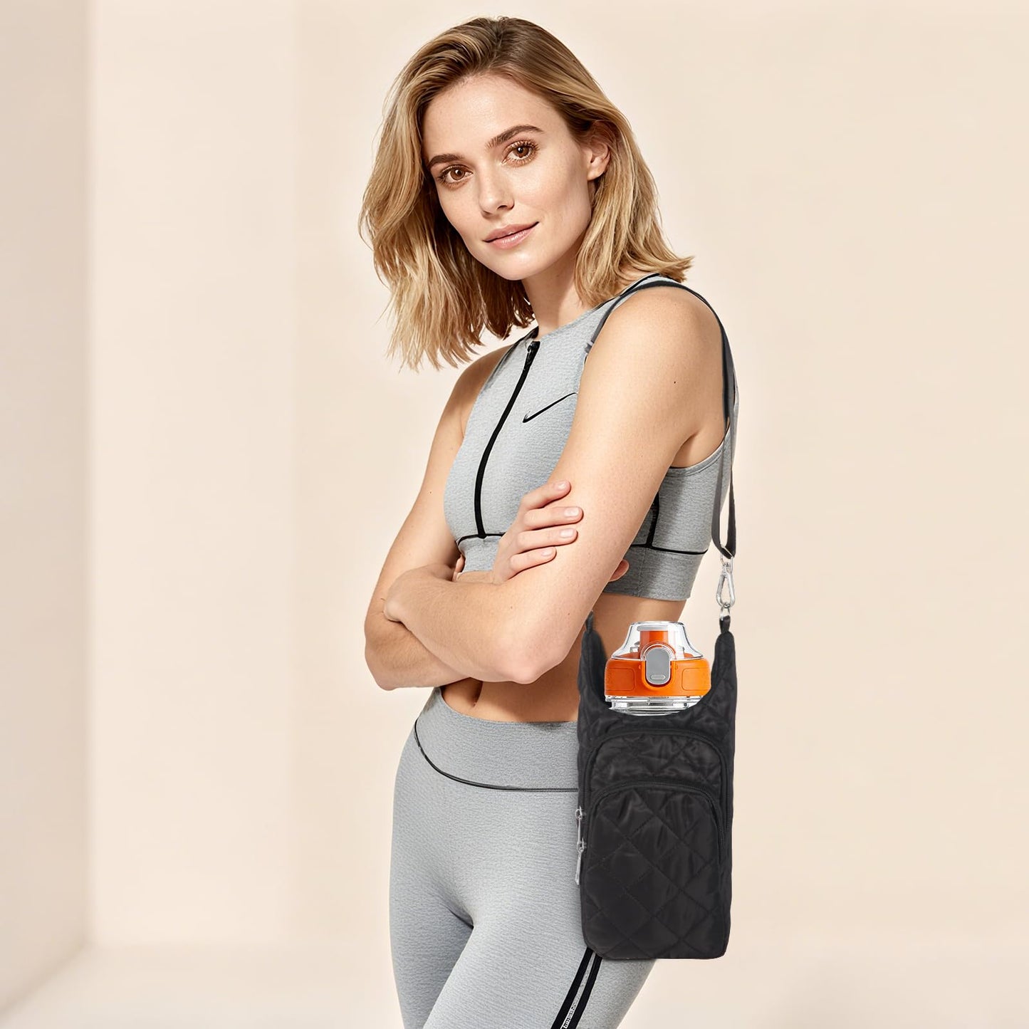 Ahdoma Water Bottle Holder with Strap Water Bottle Carrier Quilted Puffer Crossbody Sling Purse Hydro Bag for Women Walking Hiking