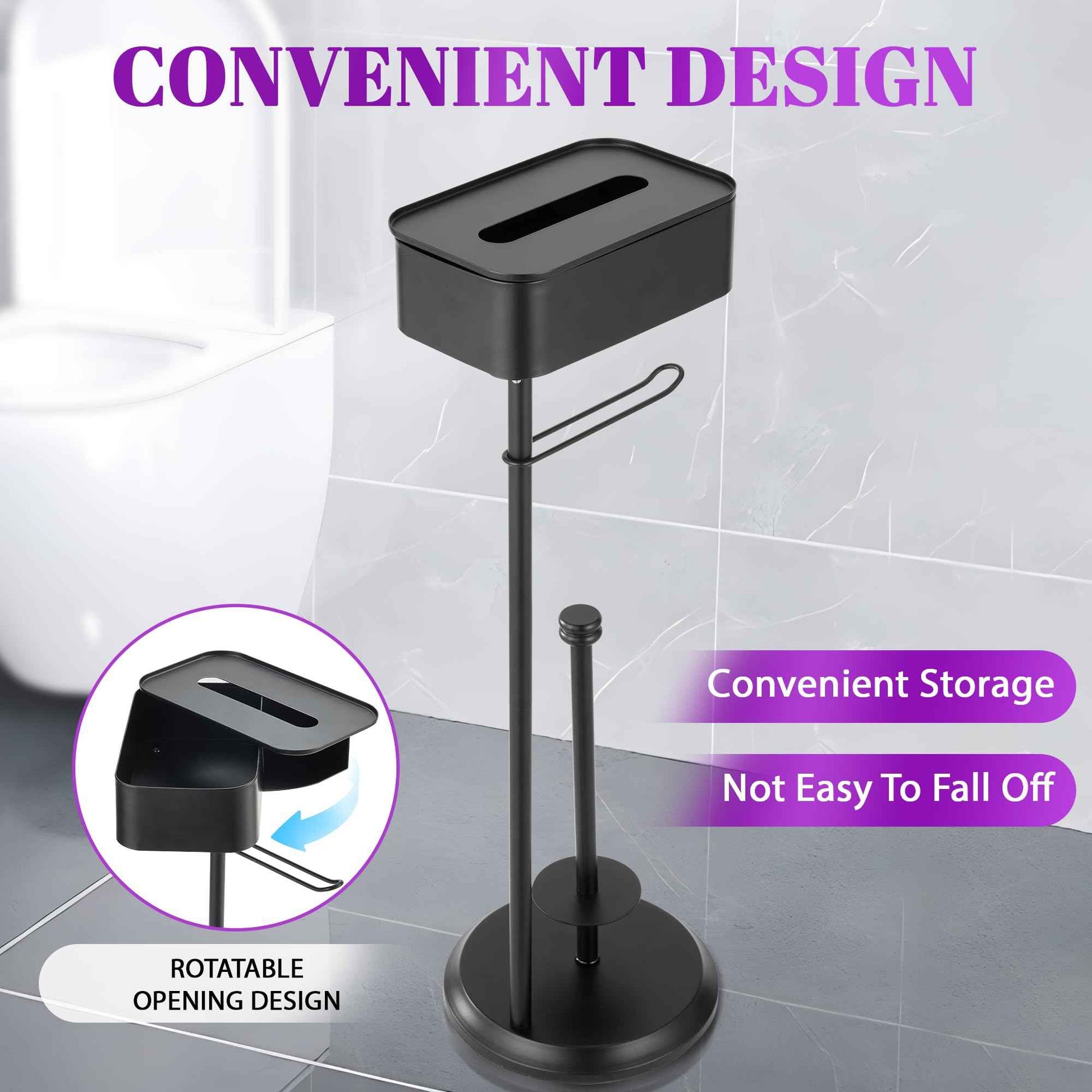 Toilet Paper Holder Stand Black, Free Standing Toilet Paper Holder with Shelf, Rustproof Toilet Paper Stand with Storage, Large Capacity Toilet Tissue Holder for Bathroom, Stainless Steel