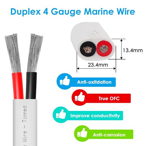 Duplex Marine Wire - 4 Gauge Tinned Copper Boat Cable | 6ft OFC for Automotive & Solar Use