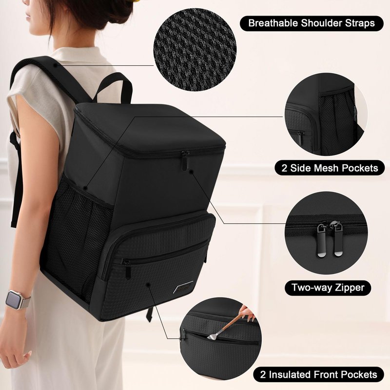 MIRASON Cooler Backpack Insulated Leak Proof Beach Backpack Cooler Bag, Cooling Beer Lunch Backpack Cooler for Men Women Picnic Hiking Camping Travel with 4 Pockets, Black