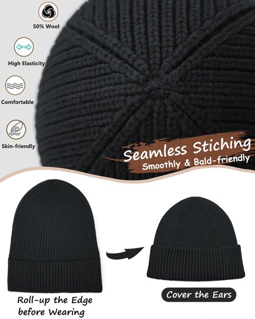 choshion Wool Beanie for Men Women, Seamless Knit Cuffed Warm Winter Hats Fisherman Beanies Womens Ski Hat Skull Cap Unisex, Black