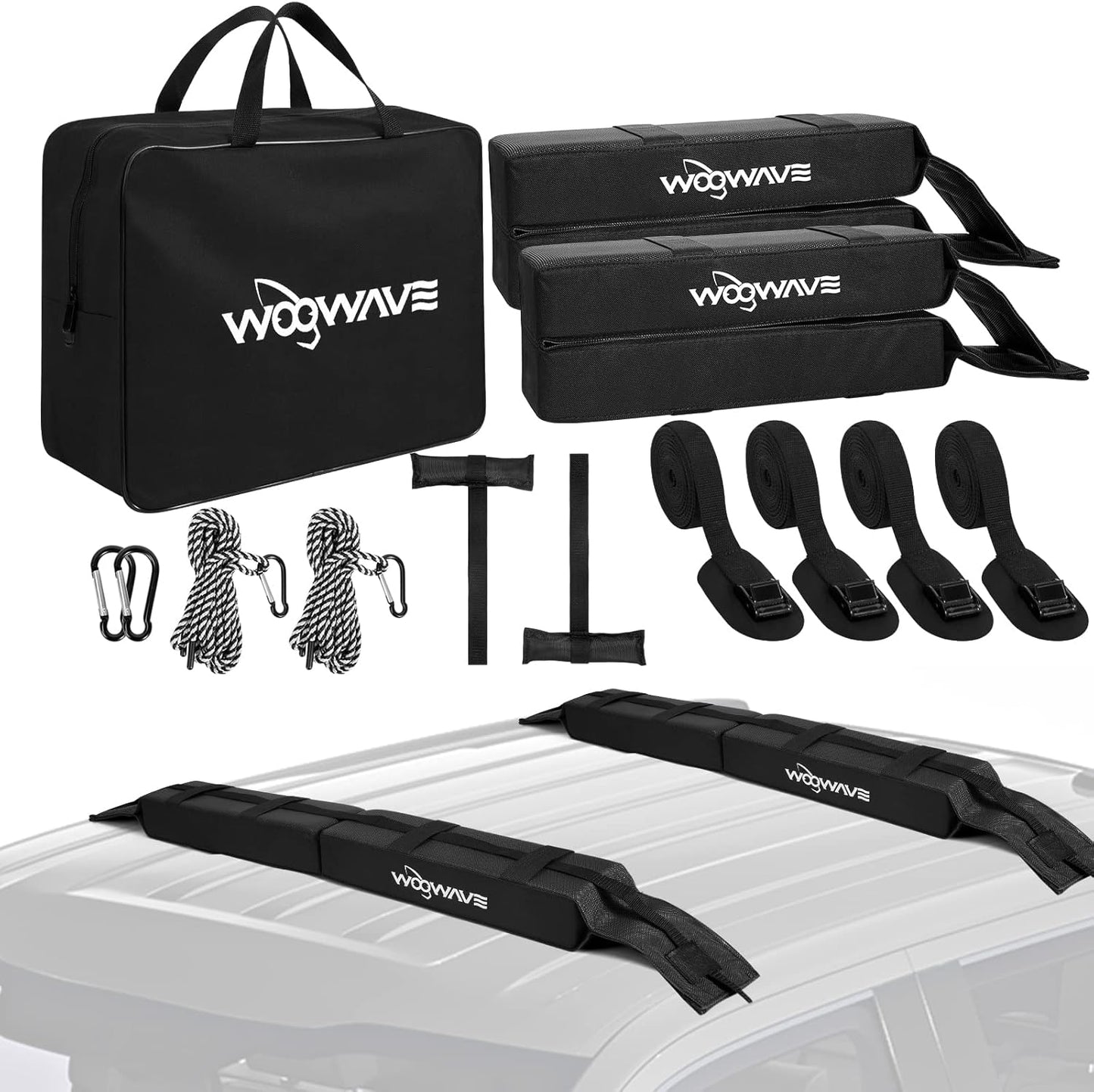 WOOWAVE Folding Kayak Carrier - Soft Roof Rack Pads with 4 Tie Down Straps & Storage Bag | Universal Fit for Canoe, Surfboard, SUP