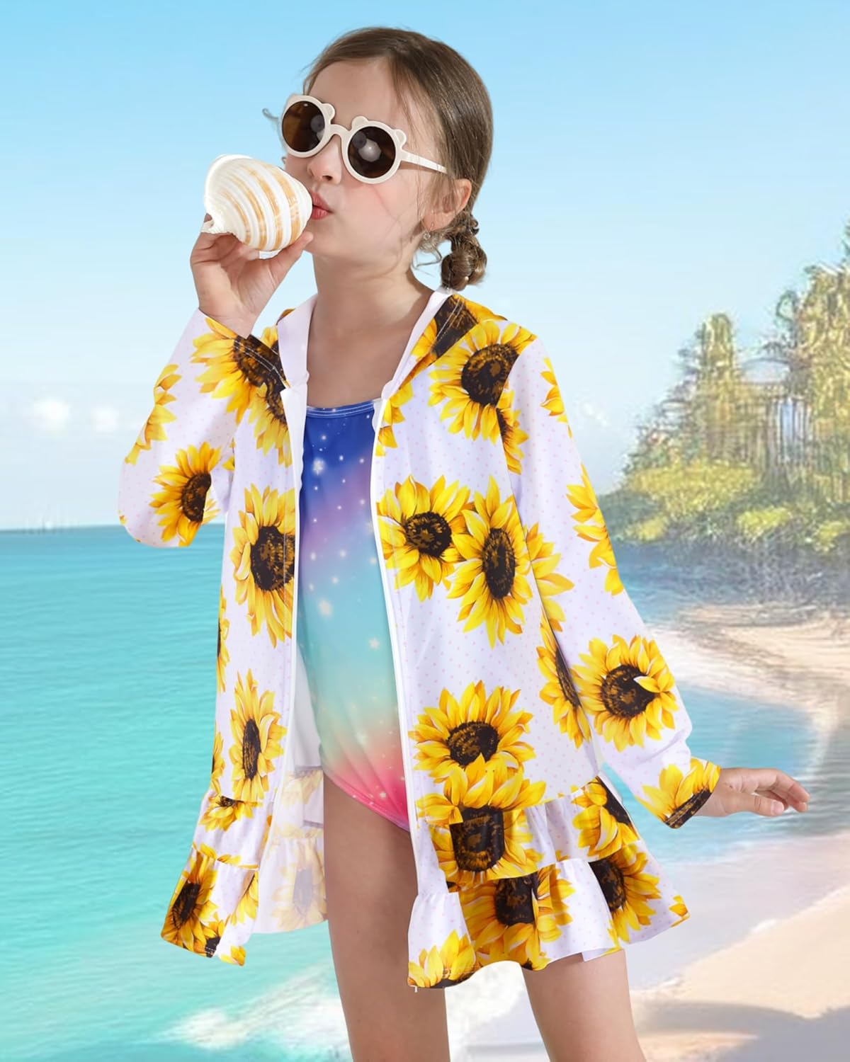 Skiennix Girls Swim Cover-Up Dress - Long Sleeve Hooded Ruffle Bathing Suit for Kids 4-10Y