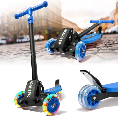Kick Scooters for Kids 5-7 8-12,Lean to Steer,Three Wheeled Light Up,28"-32" Adjustable Handlebar,Widen Anti-Slip Deck,Floor Push Scooter for Boys Girls Ages 6-12 Old,Foldable for Travel - Blue