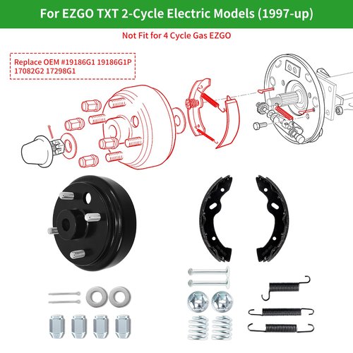 Golf Cart EZGO Maintenance Brake Drums Kit for Electric EZGO TXT 1997-Up, With Brake Hub Drums, Brake Shoes&Brake Sping Kits, Replace OEM 19186G1 70794G01 70795G01 (Not Fit 4-Cycle Gas Models)