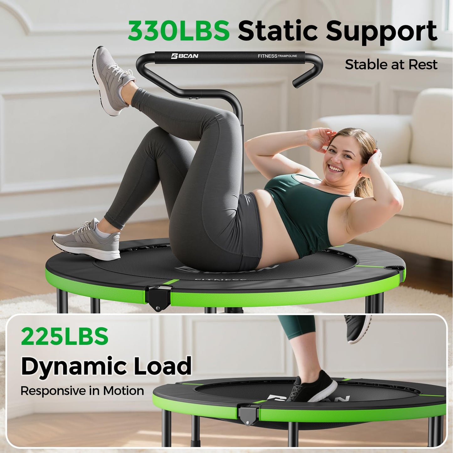 BCAN SP3 40"/48" Foldable Mini Trampoline, Rebounder Trampoline for Adults, U/T Adjustable Foam Handle, Exercise Rebounder for Adults Indoor/Garden Workout, Max Load 330lbs/440lbs-40T-Green