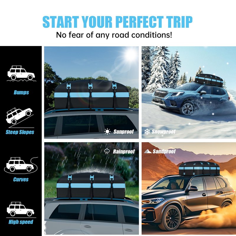 CARFORU Car Rooftop Cargo Carrier Bag, 30 Cubic Feet Waterproof Soft-Shell Car Roof Bag for All Vehicle with/Without Rack, Include Anti-Slip Mat, Reinforced Straps, Door Hooks Luggage Lock (Blue)