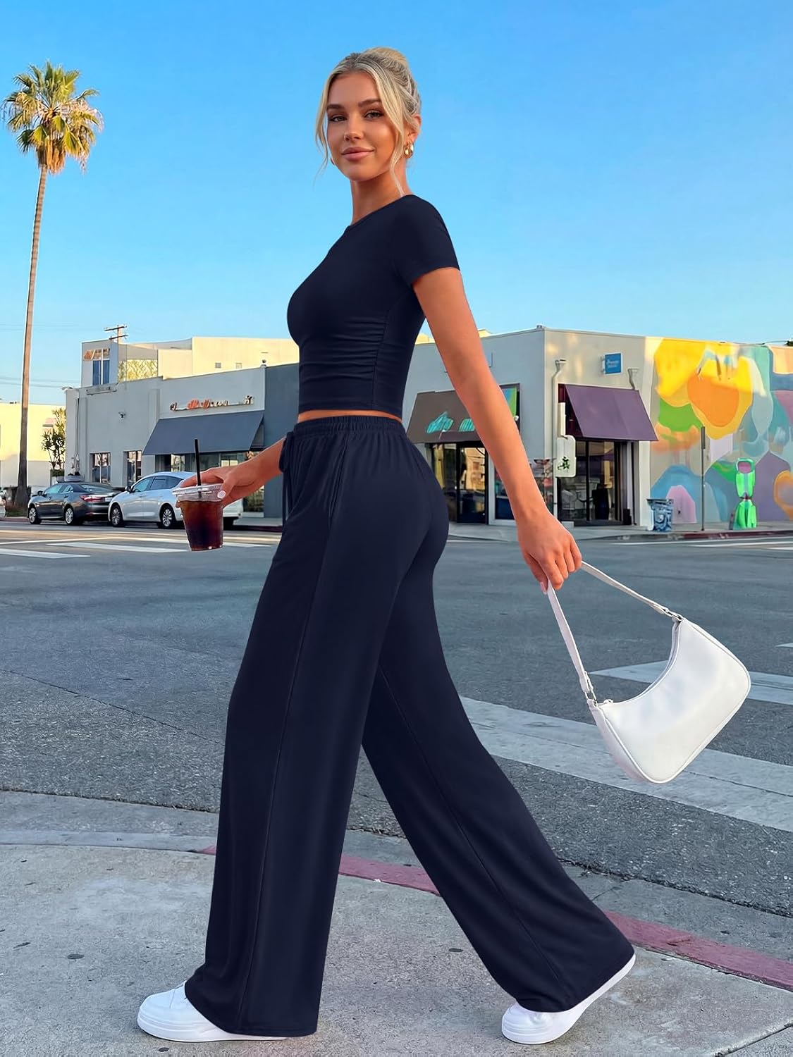 Trendy Queen 2 Piece Matching Summer Sweatsuit - Women's Side Ruching Top & Wide Leg Pants Set with Pockets