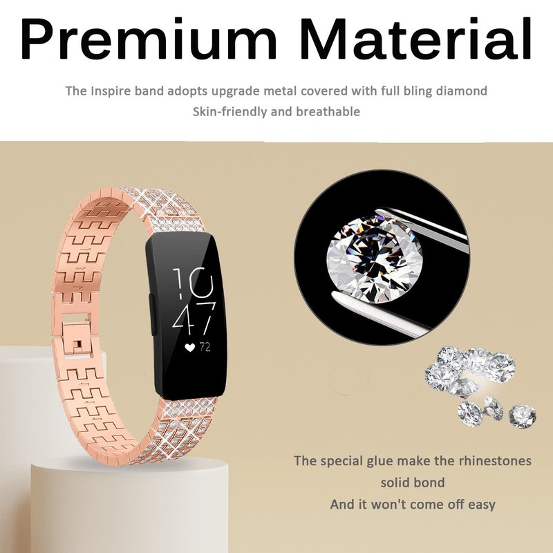 Miimall Compatible for Fitbit Inspire, Inspire 2 & HR Bands - Diamond Crystal Metal Bling Replacement Strap - Rose Gold