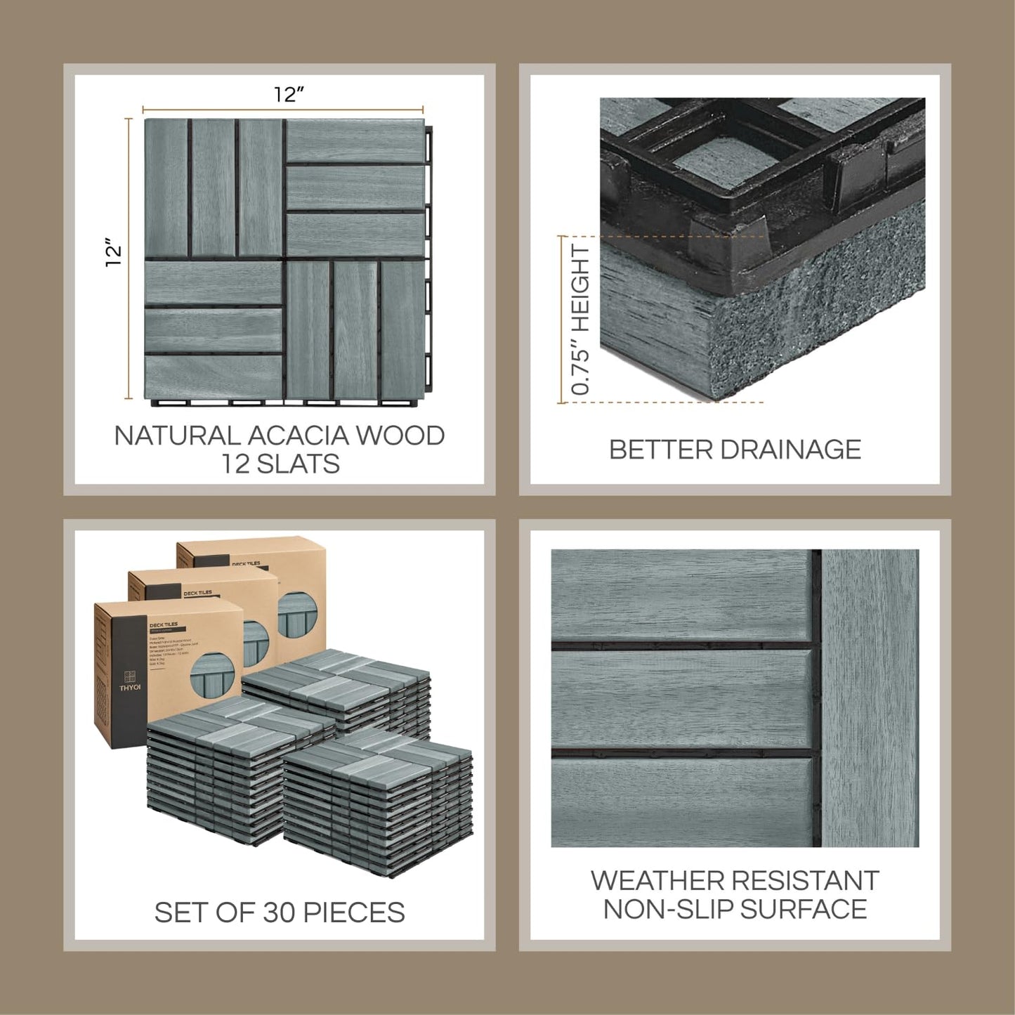 Outdoor Waterproof Acacia Wood Deck Tiles - 10 Pcs Patio Flooring for All Weather Use