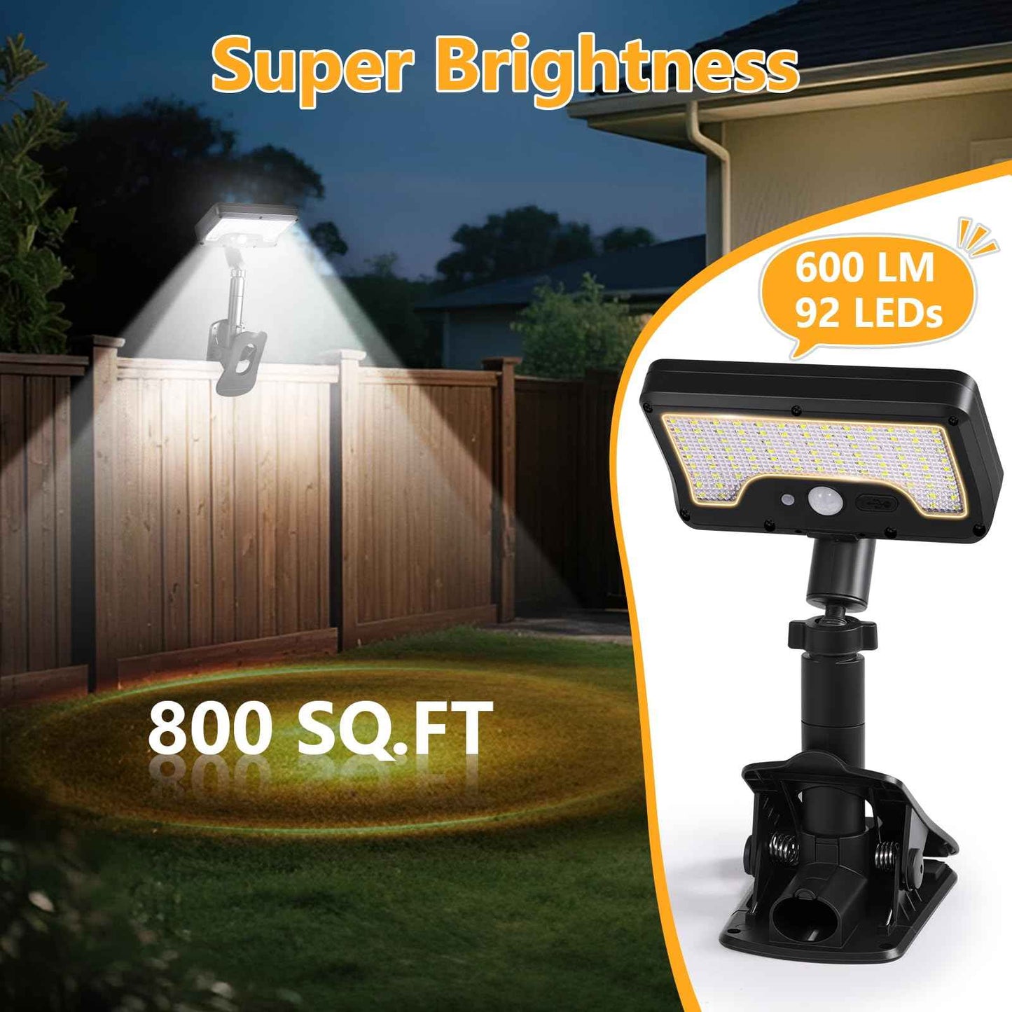 Clip on Solar Lights Outdoor with Motion Sensor, 360°Rotatable & Vertically Adjustable Solar Fence Lights with 92 LEDs (600 LM, 6000 K), IP65 Waterproof Security Light for Chain Link, Gutter, Camping