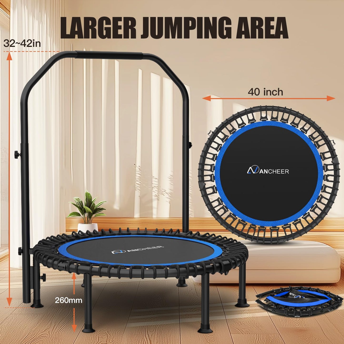 ANCHEER 40" Foldable Rebounder Trampoline for Adults/Kids with Resistance Bands and Bungees, Fitness Home, Indoor & Outdoor Mini Trampoline with Bar and Safety Padding - Max Load 330lbs (Blue)