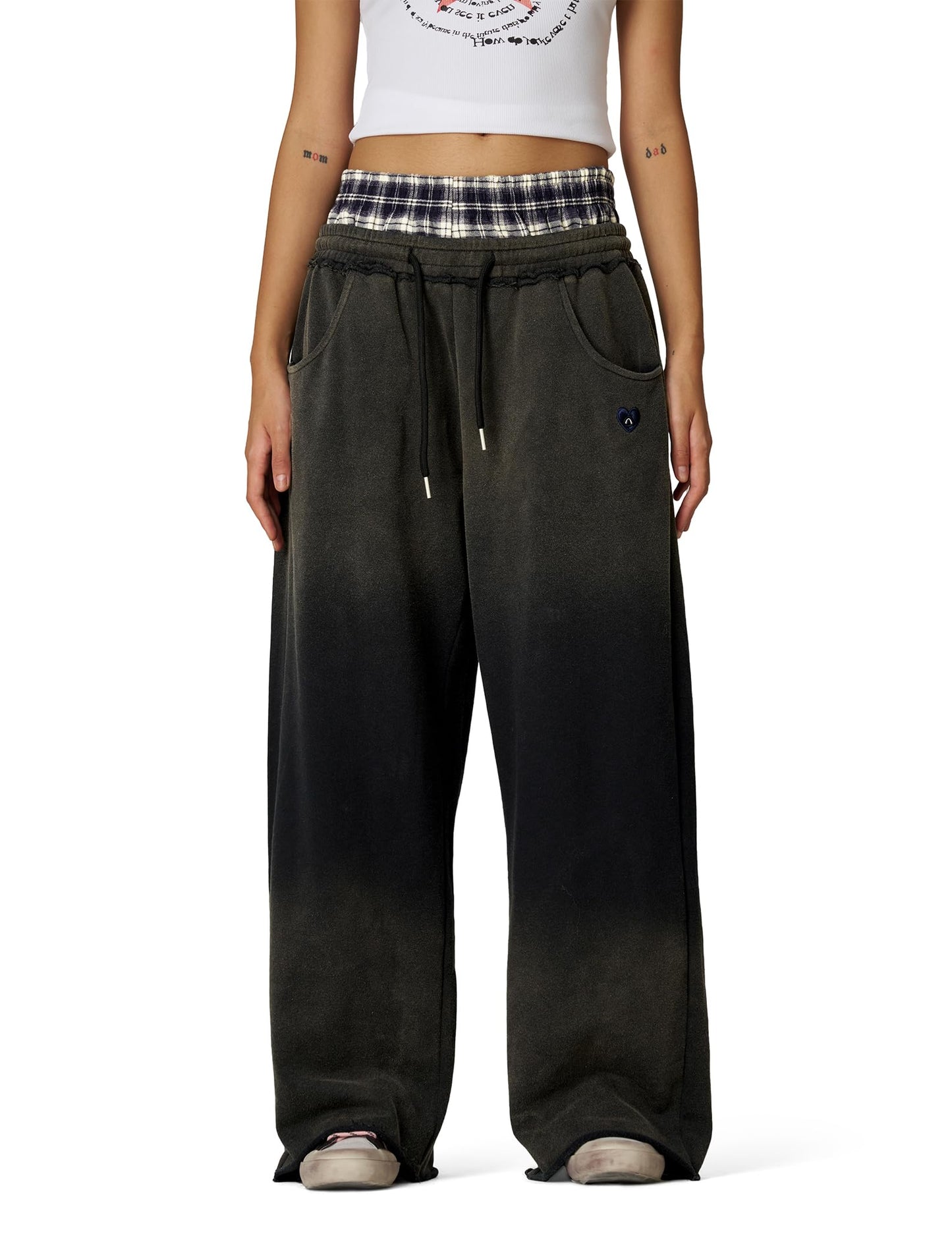 Aelfric Eden Double Waist Washed Baggy Sweatpants Loose Wide Leg Plaid Patchwork Casual Pants with Pockets Dark Grey Large