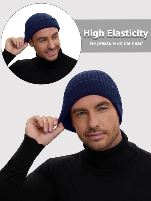 choshion Wool Short Fisherman Beanie for Men Women, Double Cuffed Knit Skull Caps Trawler Beanies Watch Cap Warm Winter Hats, Navy Blue
