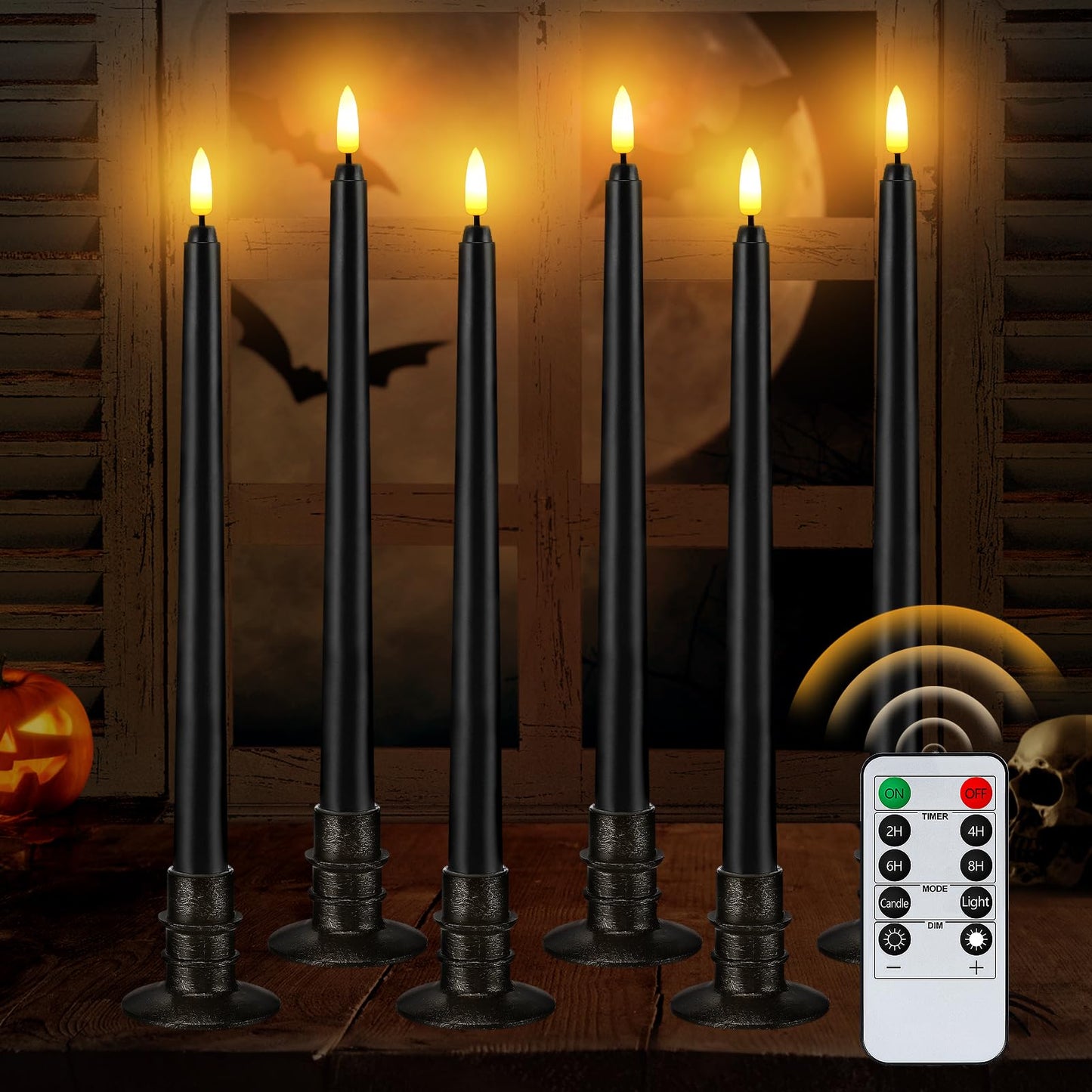 Black Halloween Flameless Candles with Timer & Bases - 6 Pack 13" LED Flickering Taper Candlesticks Battery Operated, Smokeless Dripless for Fireplace Table School Bar Halloween Decor