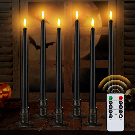 Black Halloween Flameless Candles with Timer & Bases - 6 Pack 13" LED Flickering Taper Candlesticks Battery Operated, Smokeless Dripless for Fireplace Table School Bar Halloween Decor