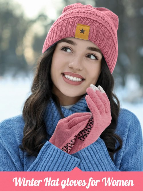 JaGely 6 Pcs Women Winter Beanie Hat Gloves Set Warm Knitted Hats and Touchscreen Gloves Lady Cold Winter Gifts for Christmas(No Fur Pom and No Pattern,Black, Grey and Pink)