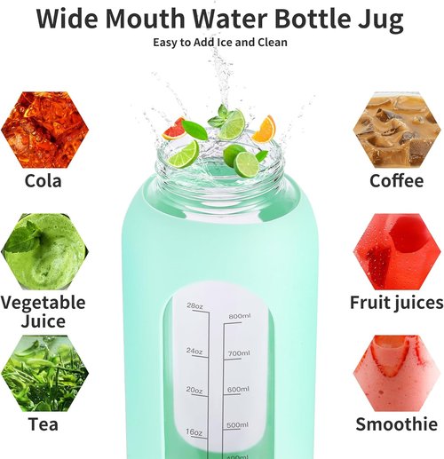 EALGRO 64 oz Glass Water Bottle - Motivational Sports Jug with Straw & Handle | Sage Color, Time Marker
