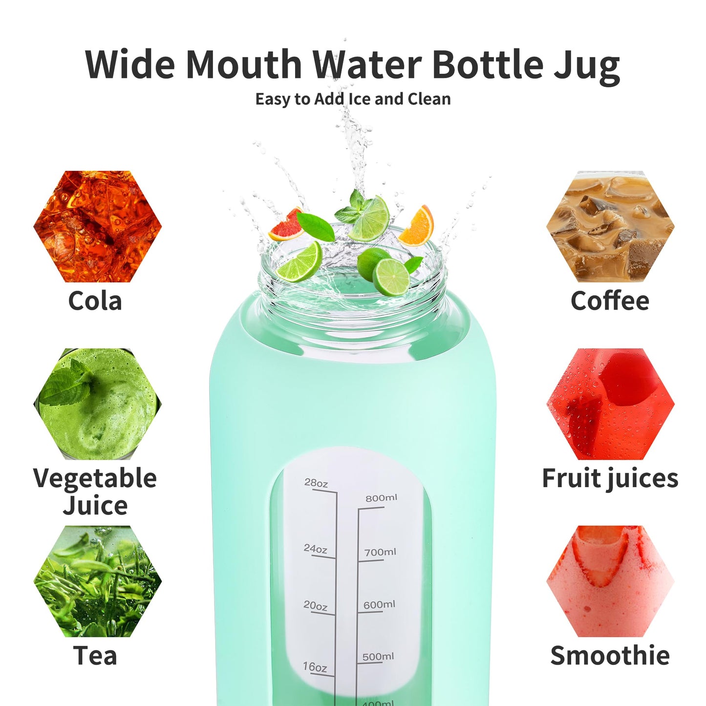 EALGRO 32 oz Glass Water Bottle with Straw and Handle, Sports Motivational Water Flask with Silicone Sleeve, Large Leakproof Water Flask Cup with Time Marker for Travel, Gym, Army Green