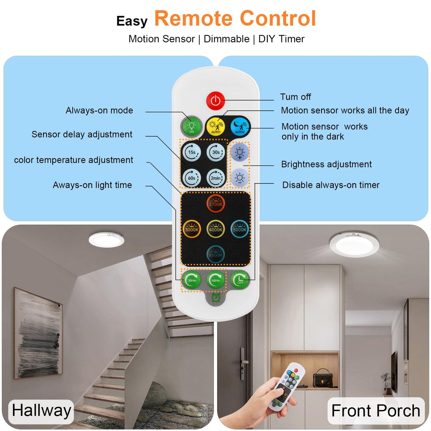 APCENS Ultra-Thin Rechargeable Motion Sensor Ceiling Light with Remote, 8000mAh Battery, Dimmable, Timer, 5 Color Temperatures, Magnetic Ceiling/Wall Mount for Stairs, Closet, Hallway(1, 7.5inch)